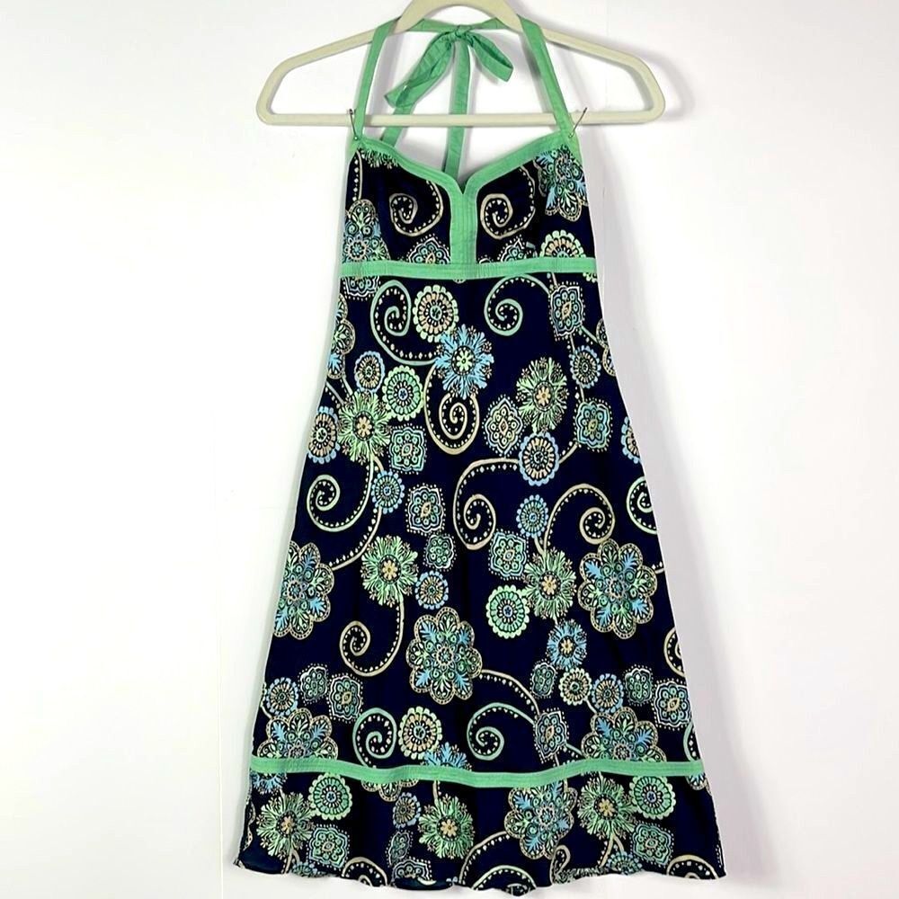 LOFT Floral Print Halter Dress, Blue/Green/Tan, Lined, size 2 Petite
